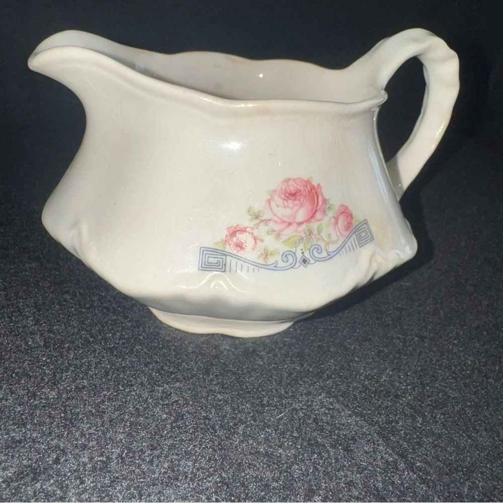 Rare 1941 Homer Laughlin Creamer Pitcher 3 Pink Peonies w/ Blue Geometric Scroll